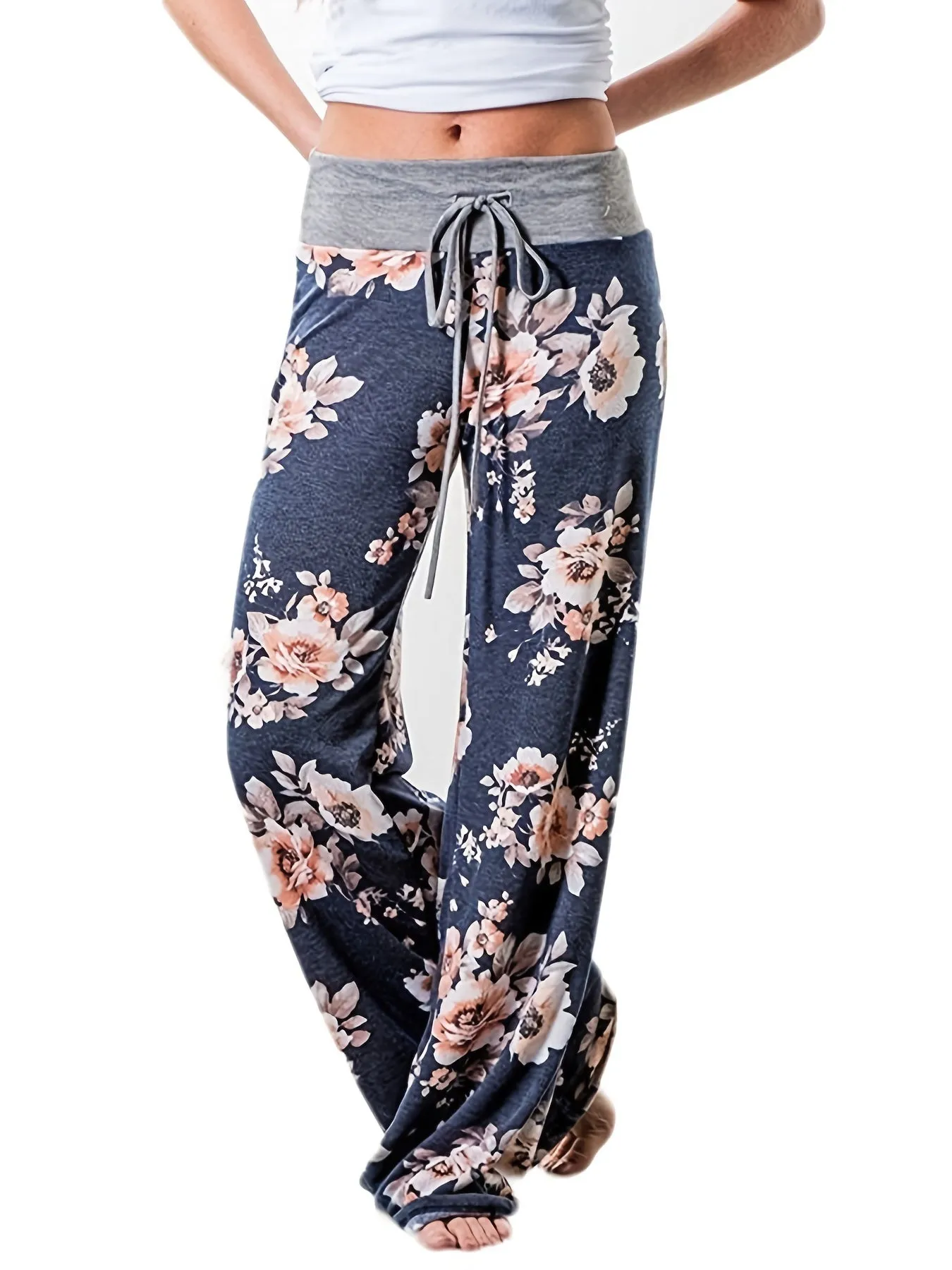 Plus Size Floral Print High Rise Drawstring Long Pants for Women, Offering Slight Stretch and Casual Comfort