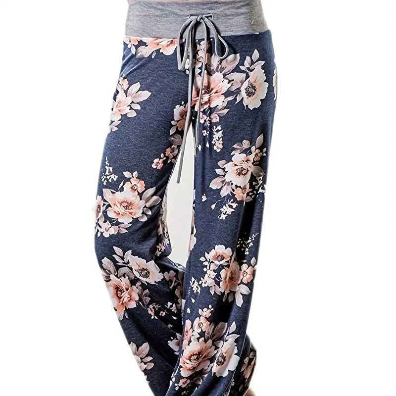 Plus Size Floral Print High Rise Drawstring Long Pants for Women, Offering Slight Stretch and Casual Comfort