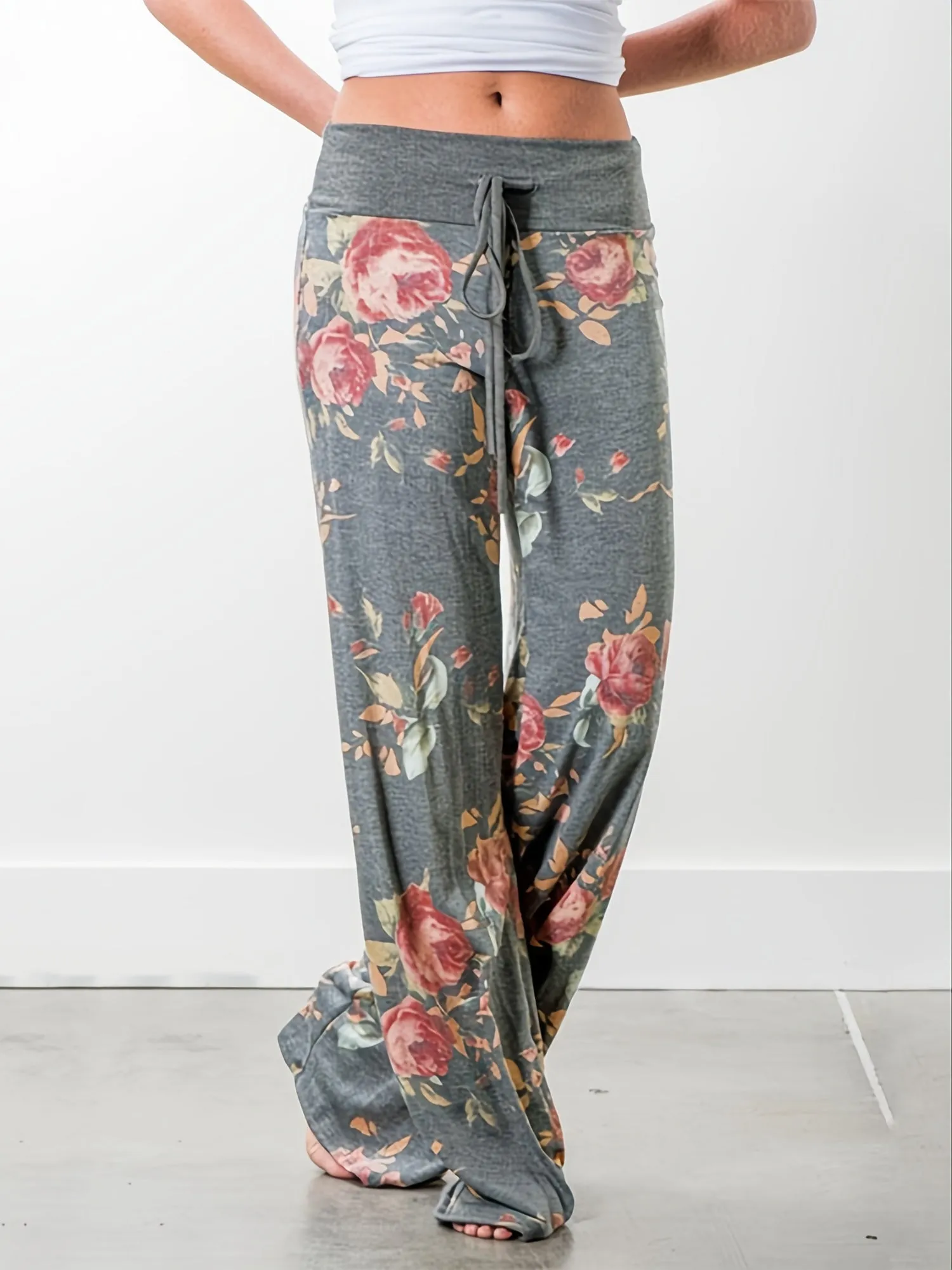 Plus Size Floral Print High Rise Drawstring Long Pants for Women, Offering Slight Stretch and Casual Comfort