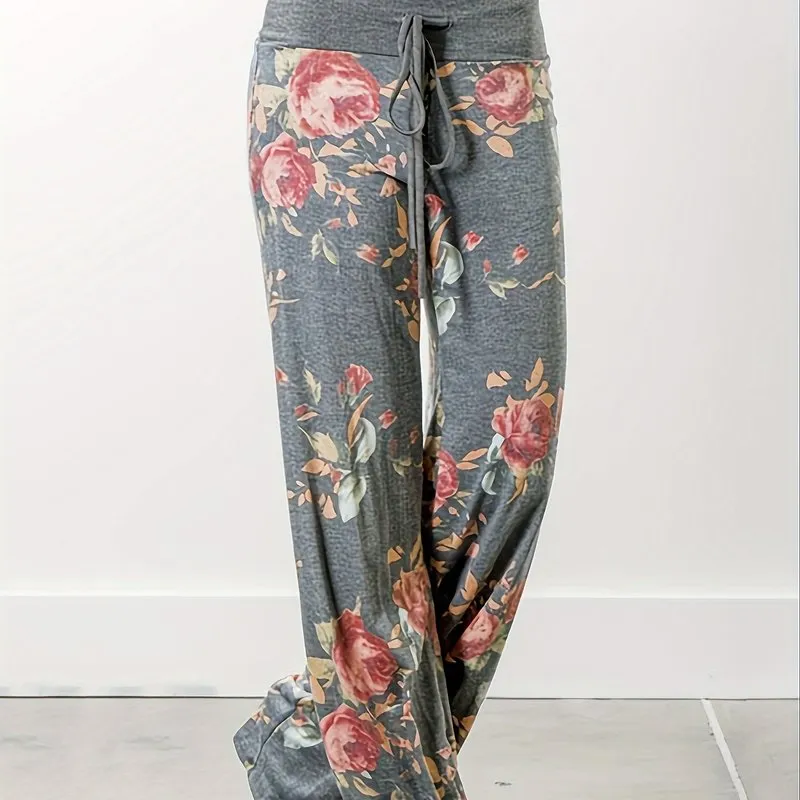 Plus Size Floral Print High Rise Drawstring Long Pants for Women, Offering Slight Stretch and Casual Comfort