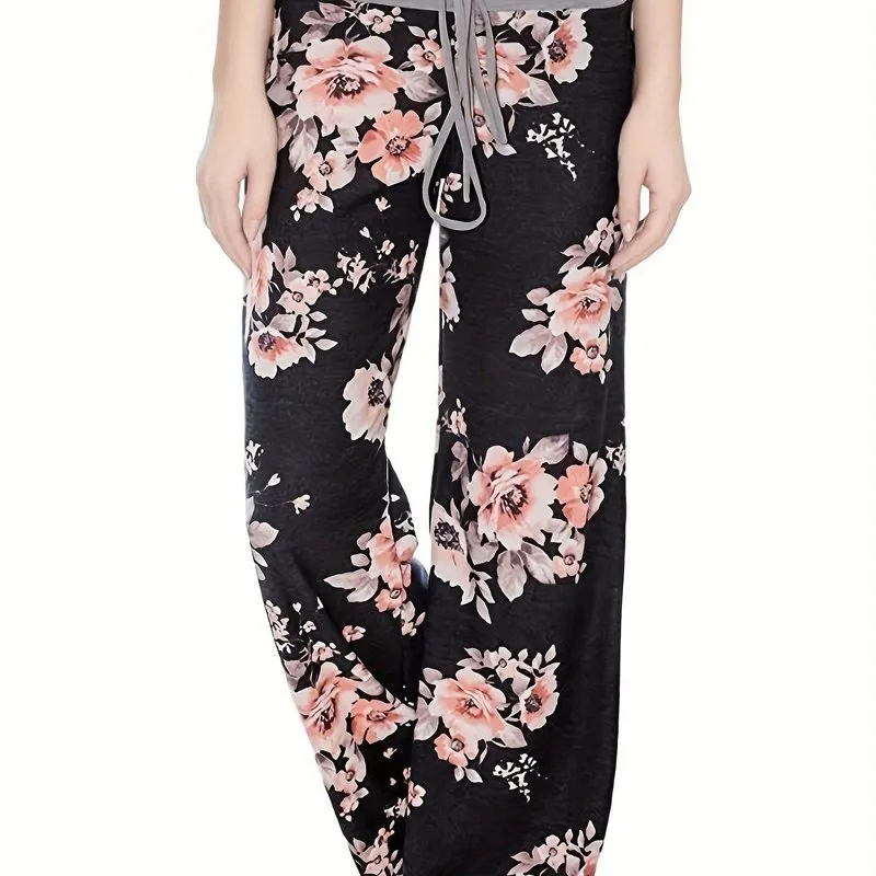 Plus Size Floral Print High Rise Drawstring Long Pants for Women, Offering Slight Stretch and Casual Comfort