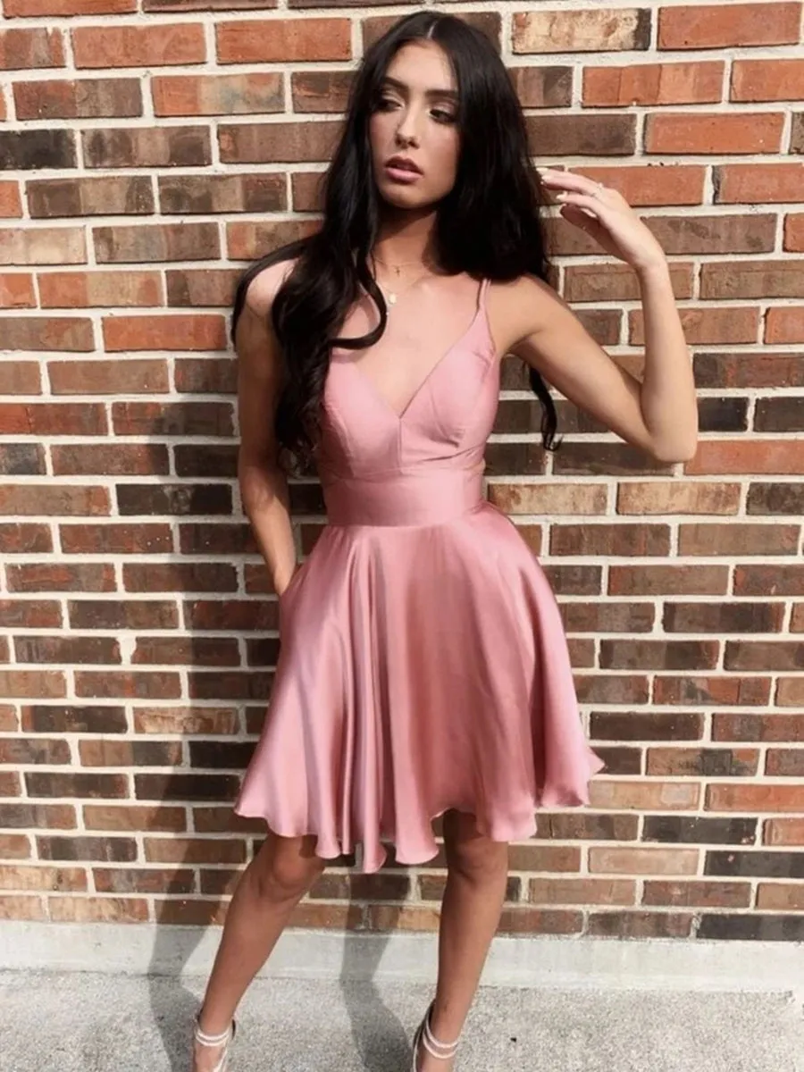 Pretty V Neck Short Rose Pink Prom, Rose Pink Formal Graduation Homecoming