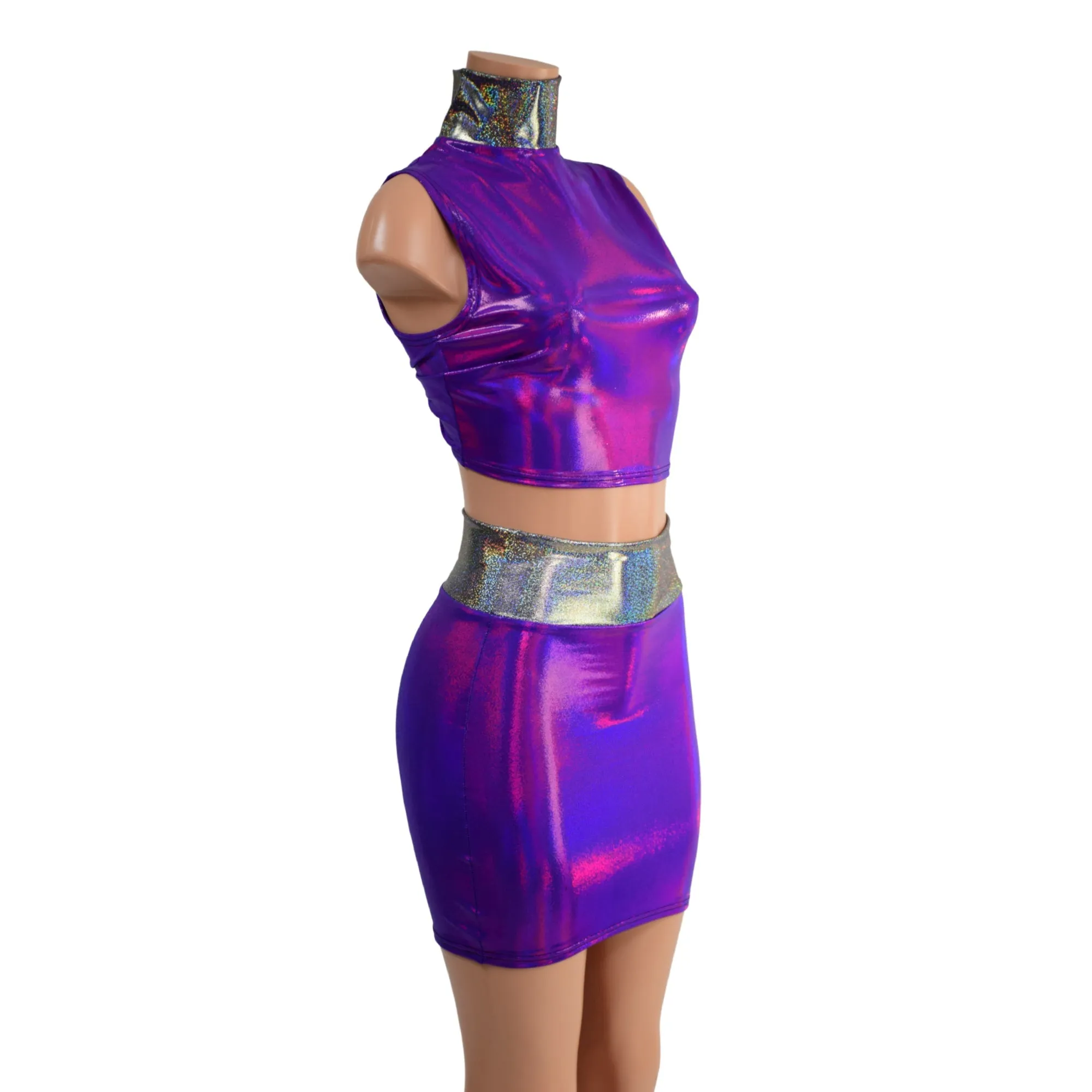 Purple Crop Top & Bodycon Skirt Set with Silver Holo Trim