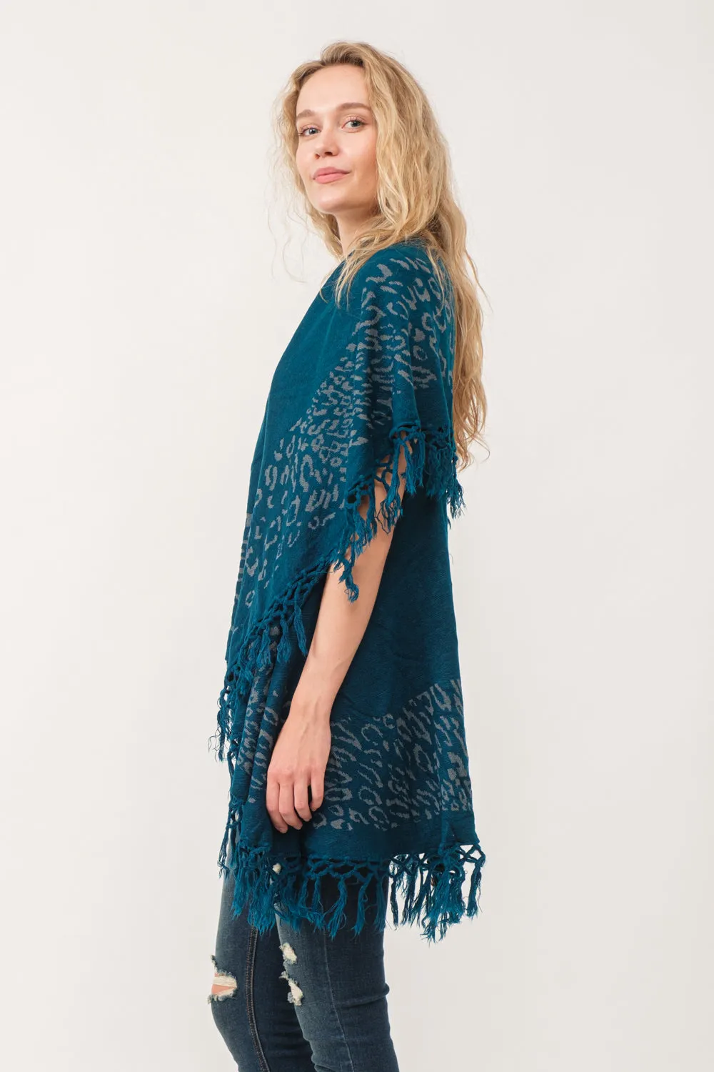 RAJ MAE SPOTTED LEO BORDER PONCHO DEEP TEAL