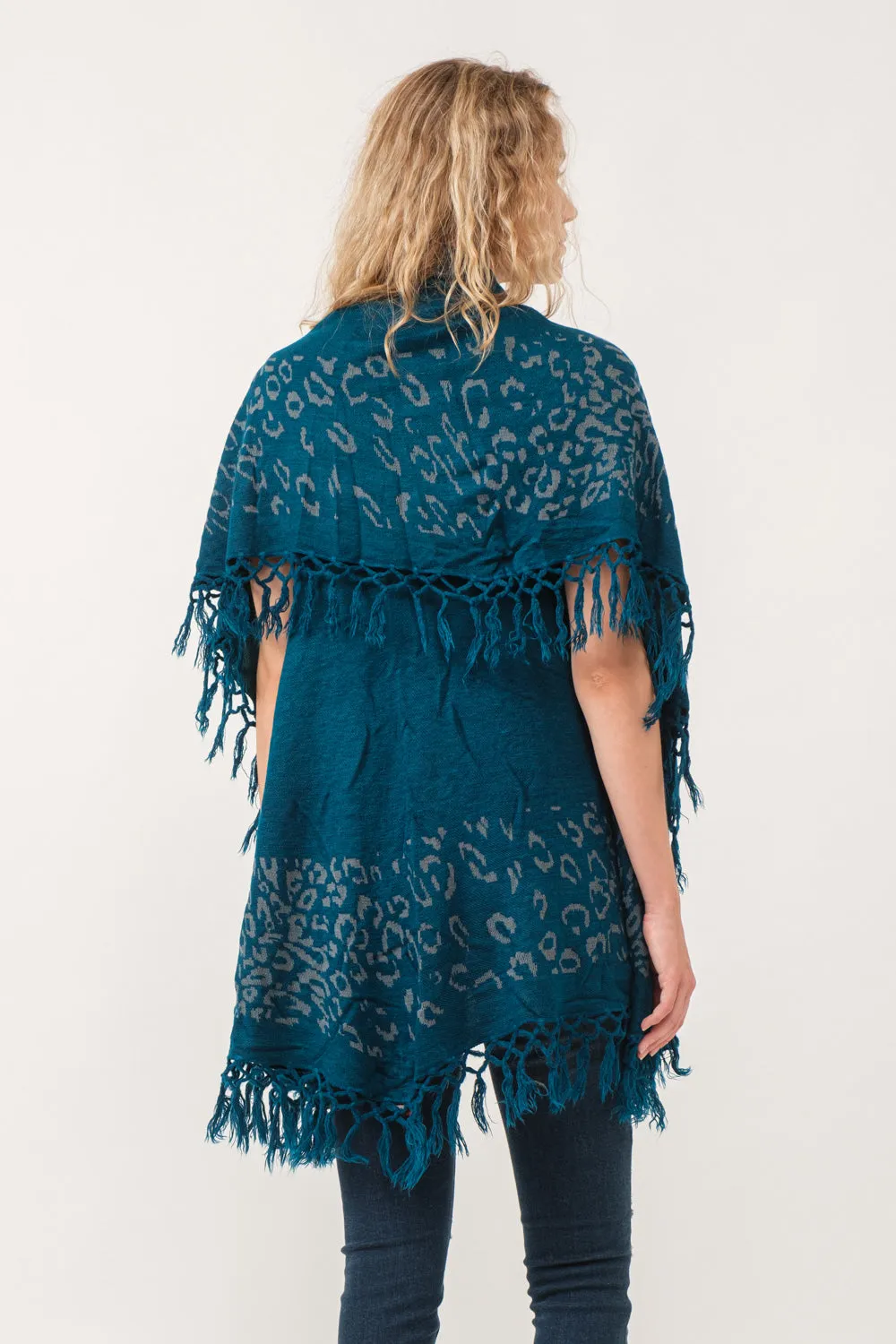 RAJ MAE SPOTTED LEO BORDER PONCHO DEEP TEAL