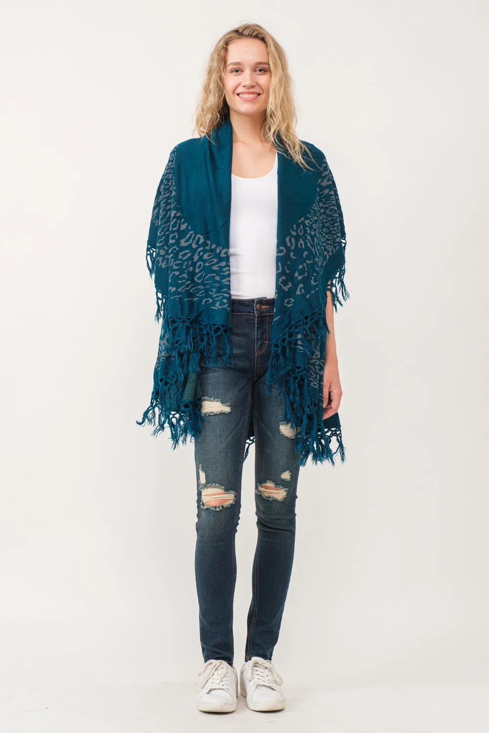 RAJ MAE SPOTTED LEO BORDER PONCHO DEEP TEAL