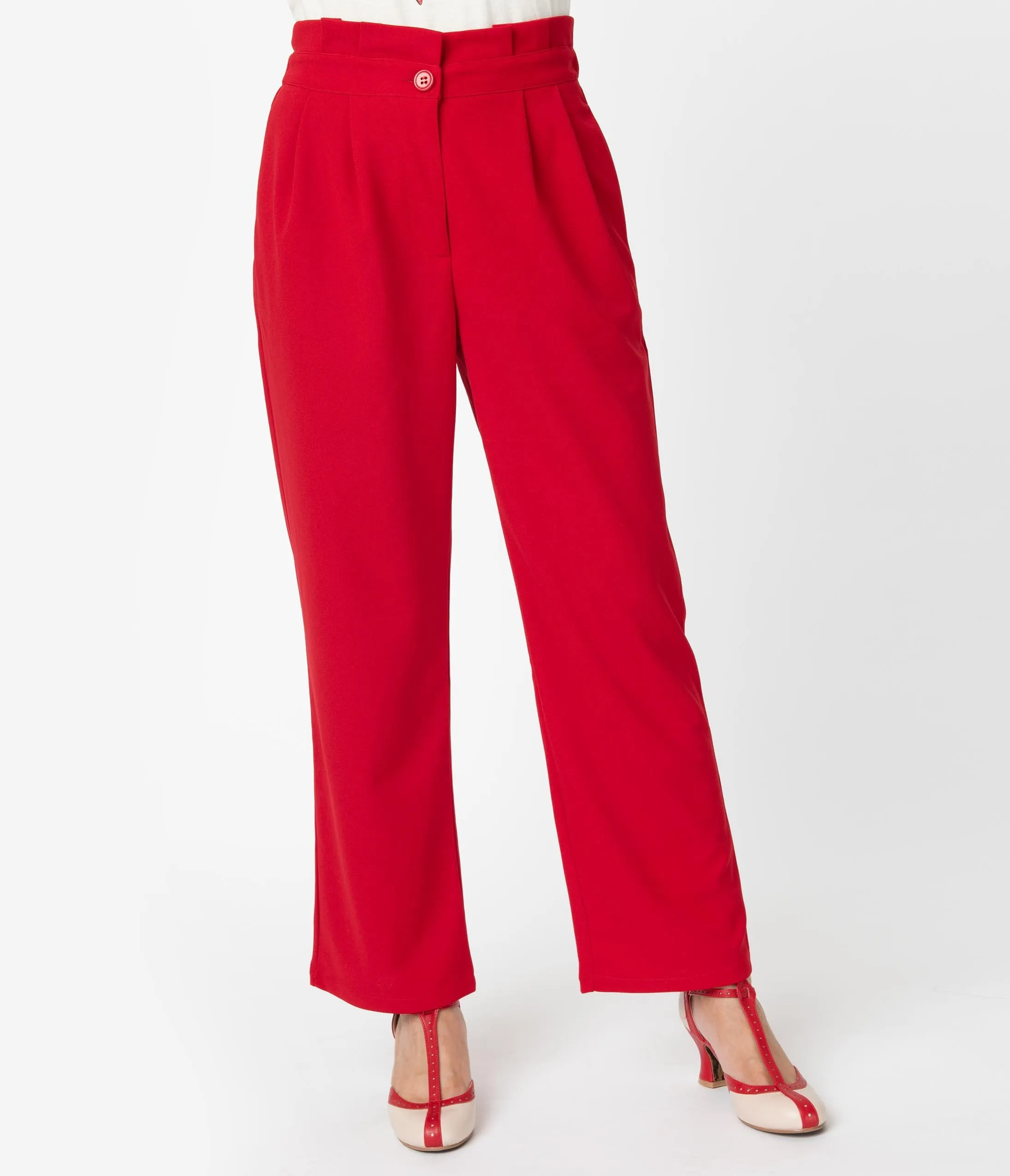 Red Pleated High Waist Pants