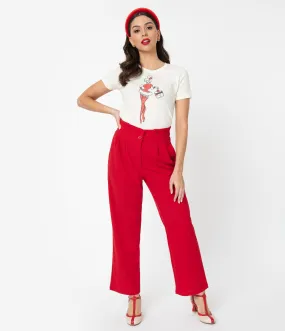 Red Pleated High Waist Pants