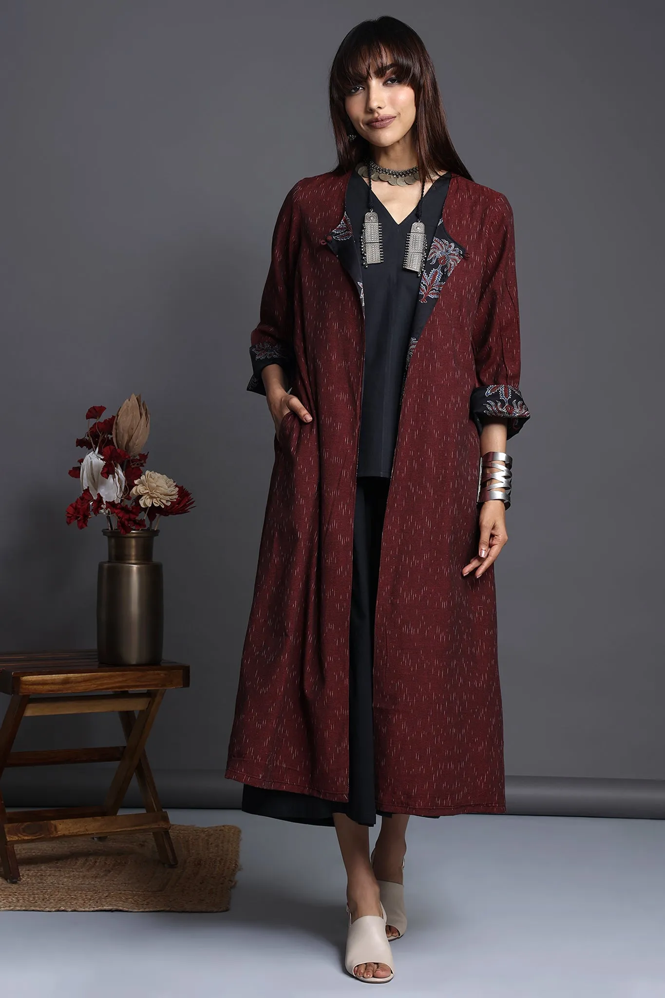 reversible choga (only jacket) - burgundy blooms & midnight oasis