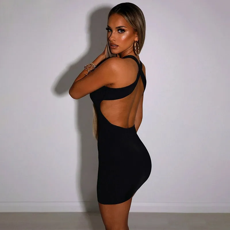 Ribbed Bodycon Cross Back Mini Dress