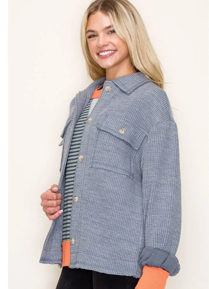 Ribbed Knit Button Down Jacket in Denim by Staccato