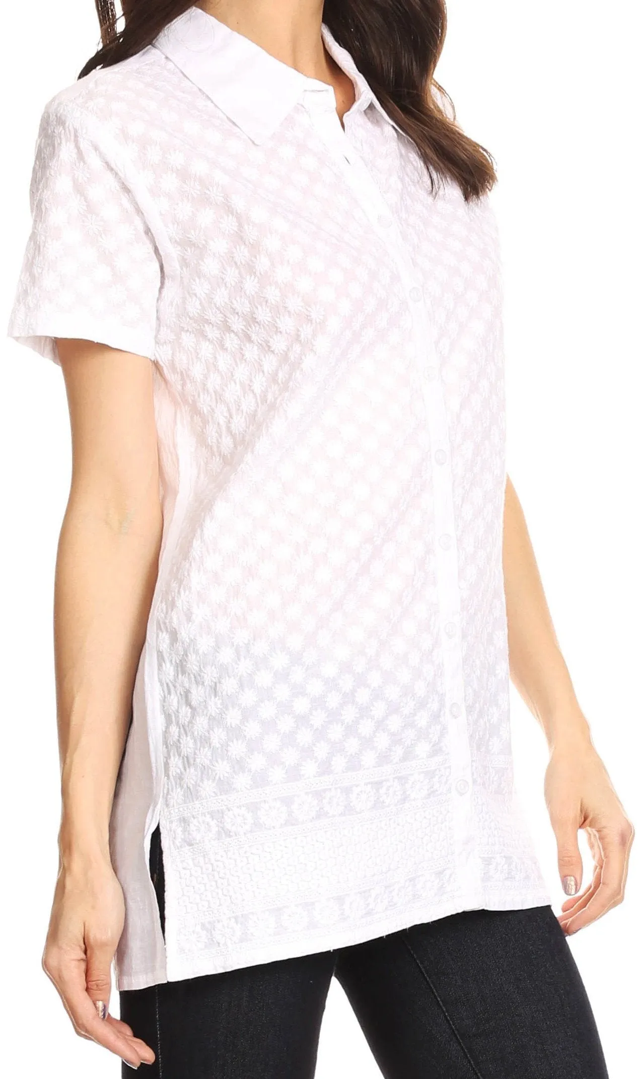 Sakkas Kiera Short Sleeve Embroidered Eyelet Woven Shirt