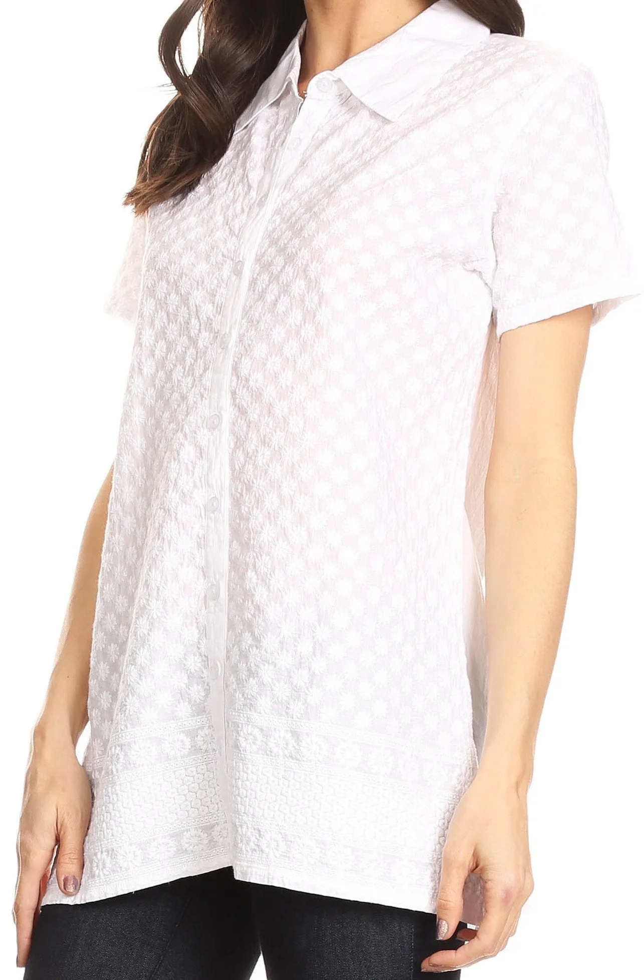 Sakkas Kiera Short Sleeve Embroidered Eyelet Woven Shirt