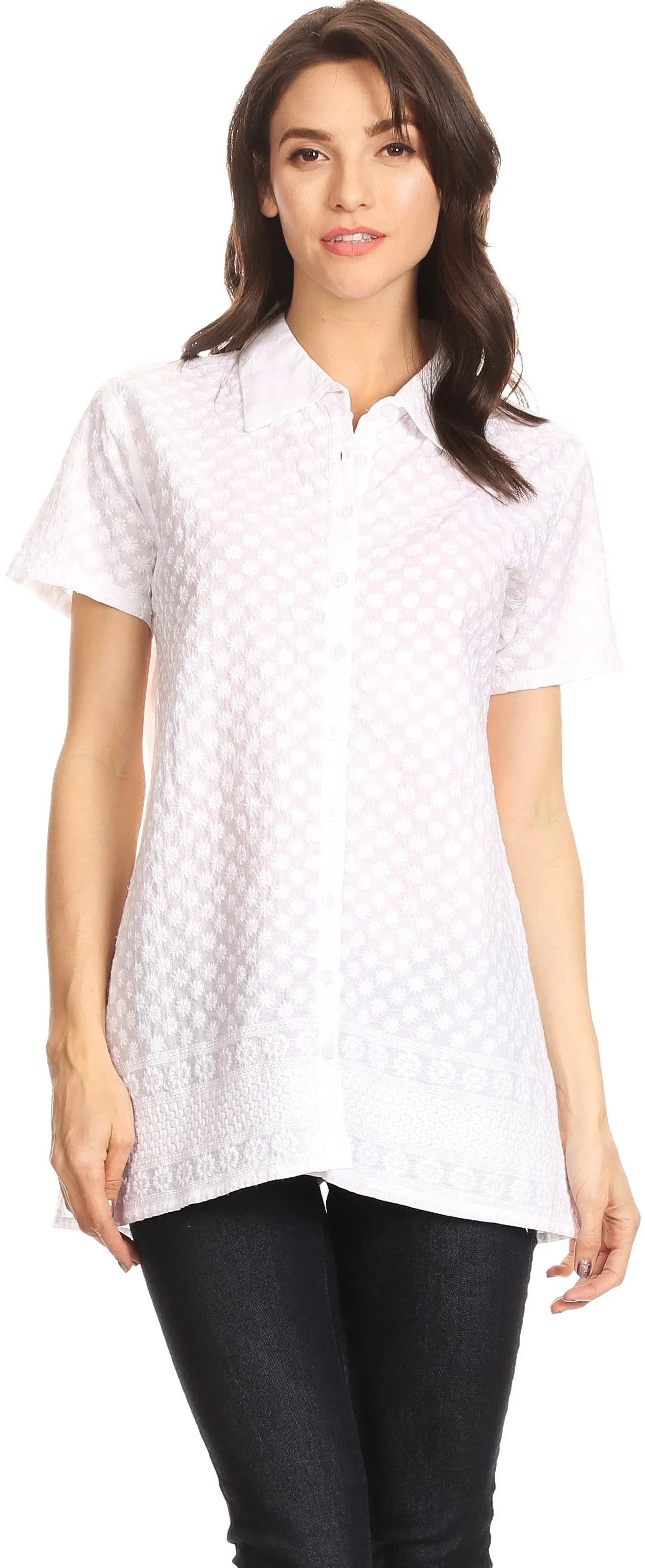 Sakkas Kiera Short Sleeve Embroidered Eyelet Woven Shirt