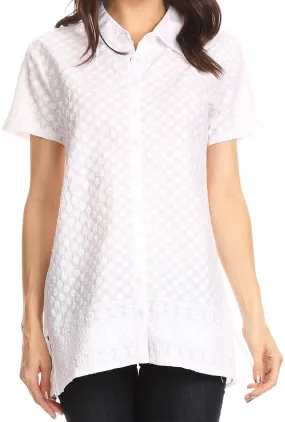 Sakkas Kiera Short Sleeve Embroidered Eyelet Woven Shirt