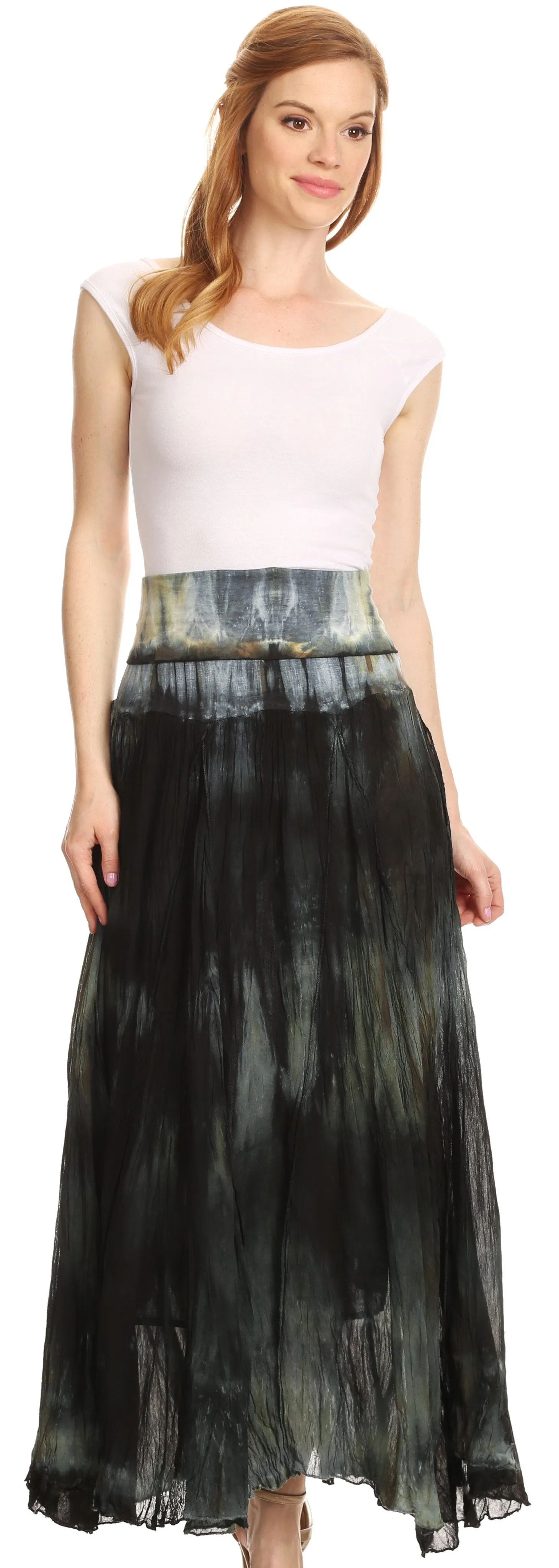 Sakkas Laila Boho Foldover Waistband  Maxi Skirt With Marble Ombre Dye