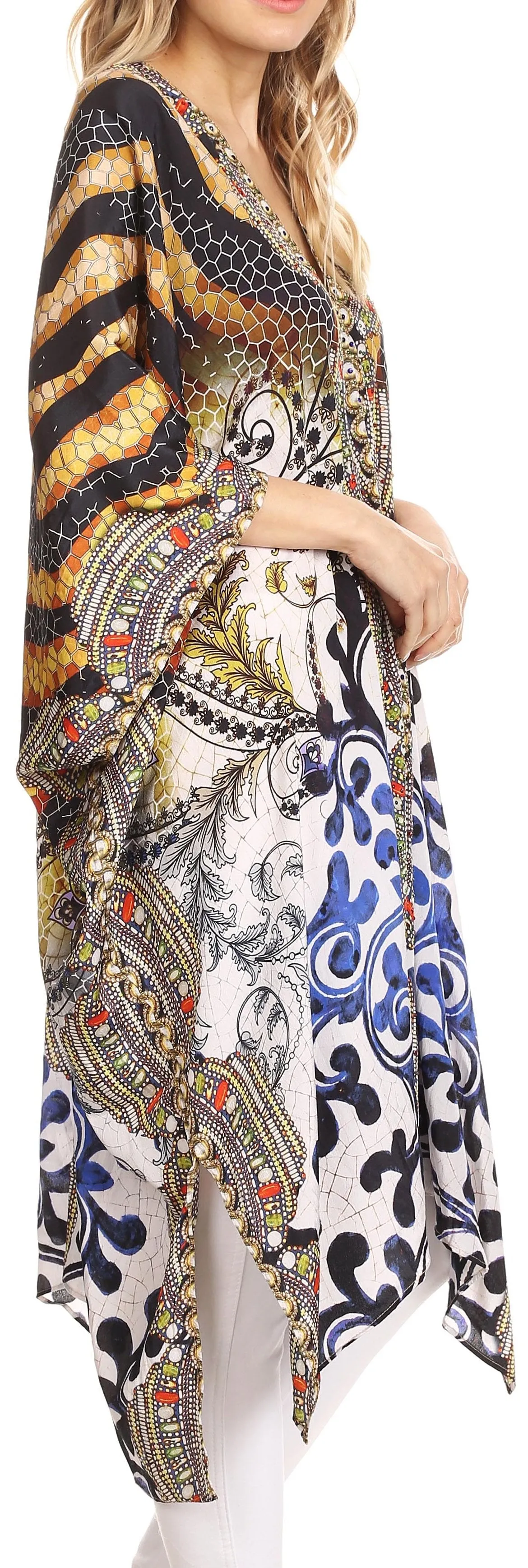 Sakkas Libra Mid Length Caftan Dress / Cover Up With Tribal Print / Rhinestones