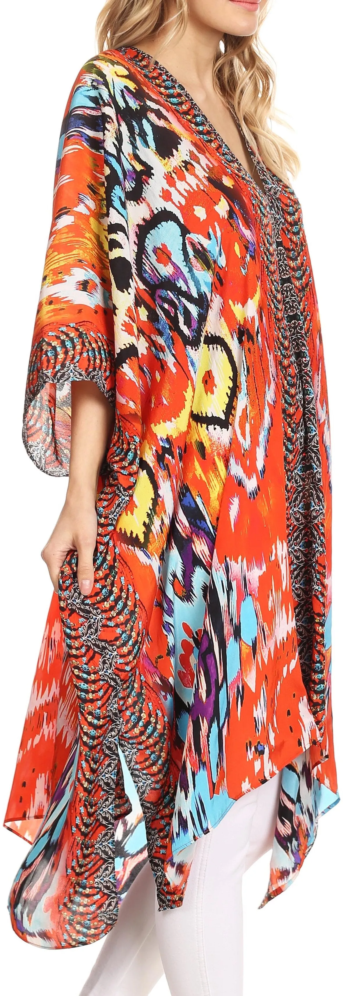 Sakkas Libra Mid Length Caftan Dress / Cover Up With Tribal Print / Rhinestones