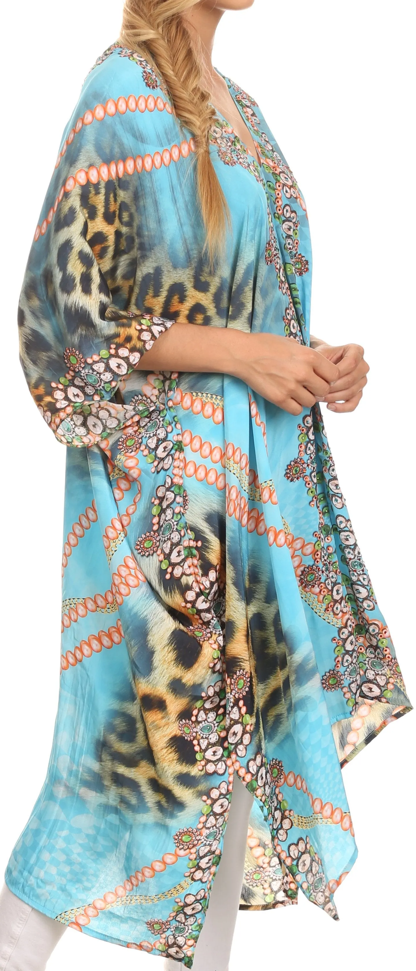 Sakkas Libra Mid Length Caftan Dress / Cover Up With Tribal Print / Rhinestones