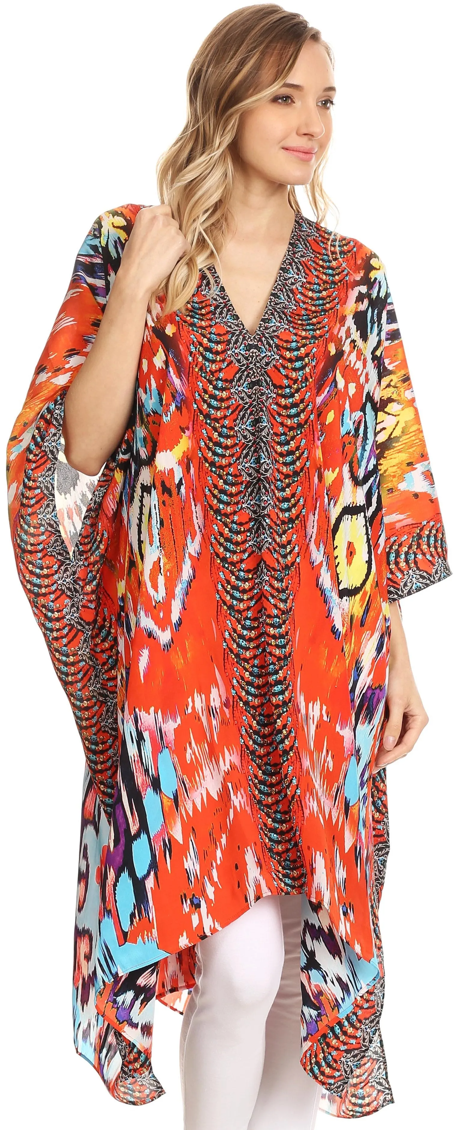 Sakkas Libra Mid Length Caftan Dress / Cover Up With Tribal Print / Rhinestones