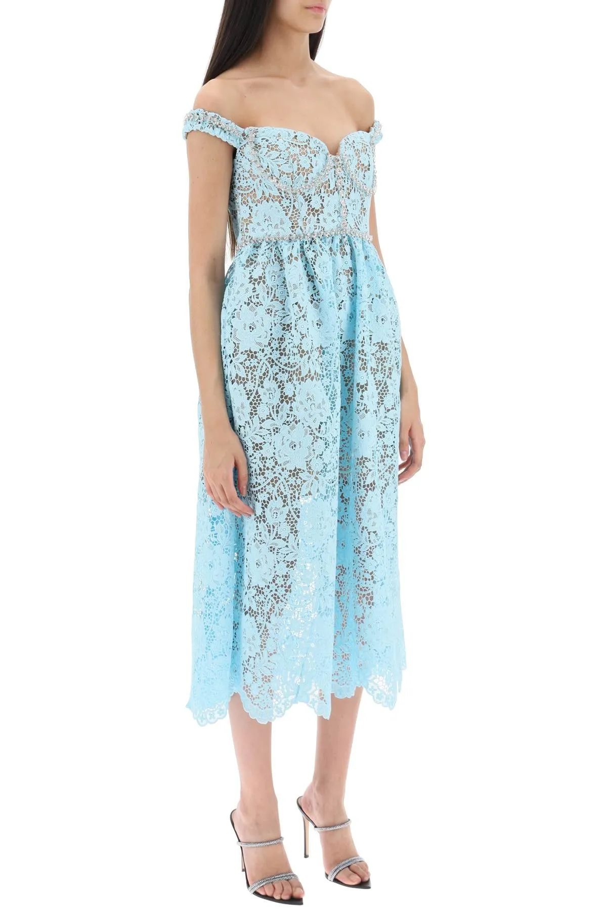 Self portrait midi dress in floral lace with crystals