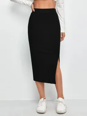 SHEIN Slit Hem Rib-knit Pencil Skirt