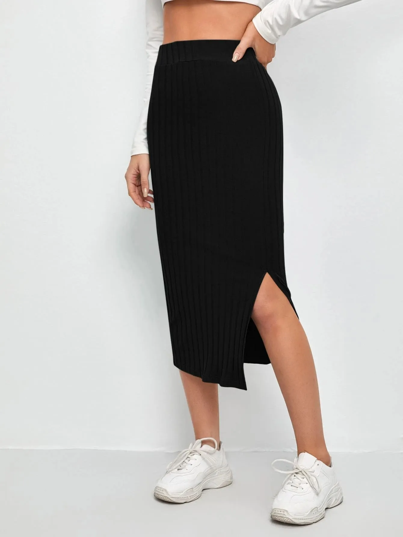 SHEIN Slit Hem Rib-knit Pencil Skirt