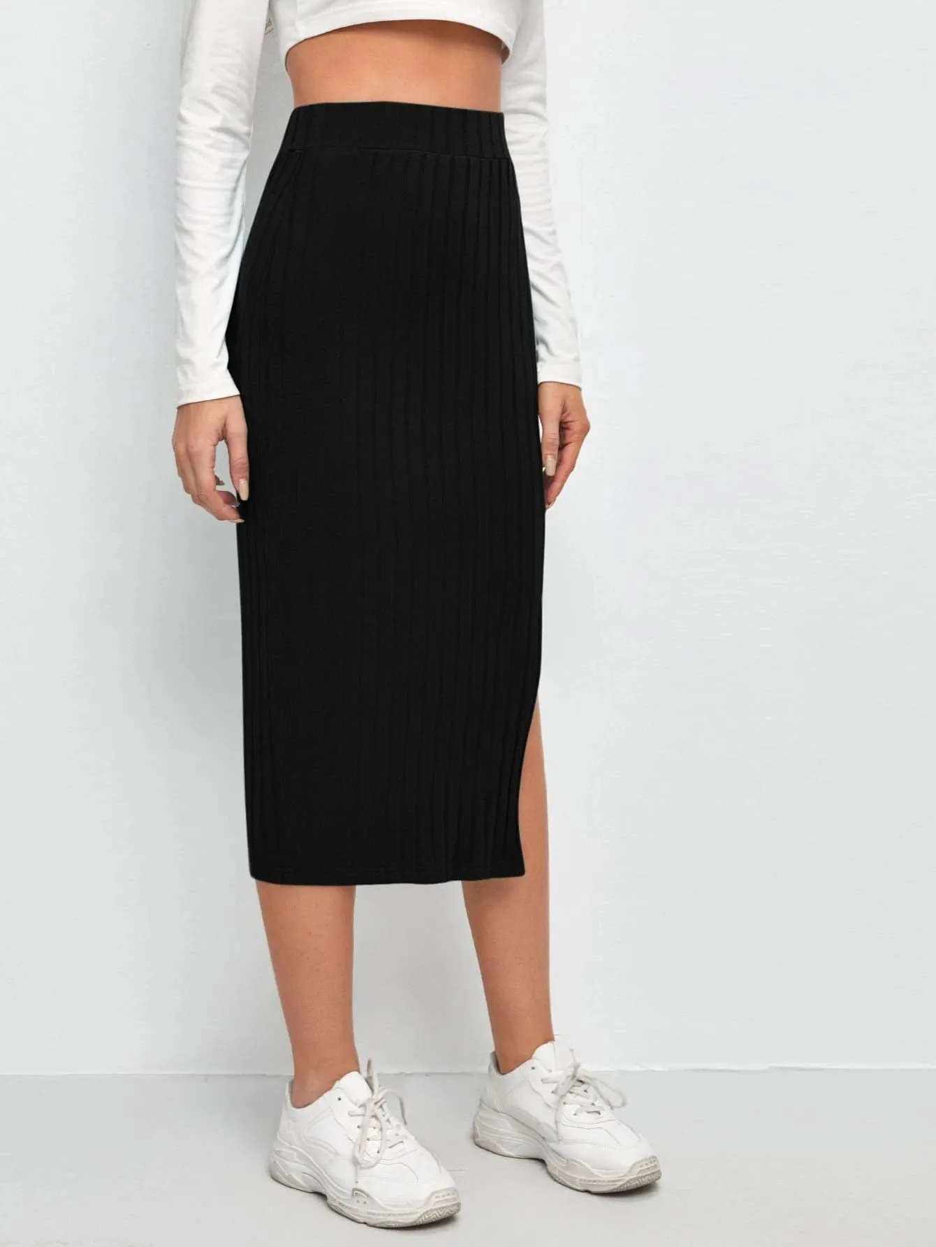 SHEIN Slit Hem Rib-knit Pencil Skirt