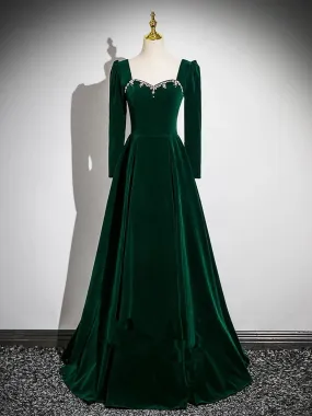 Simple Long Sleeves A-line Green Beaded Prom Dress, Green Velvet Party Dress