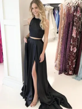 Simple Two Pieces Black Long Prom with High Slit, 2 Pieces Black Formal Graduation Evening