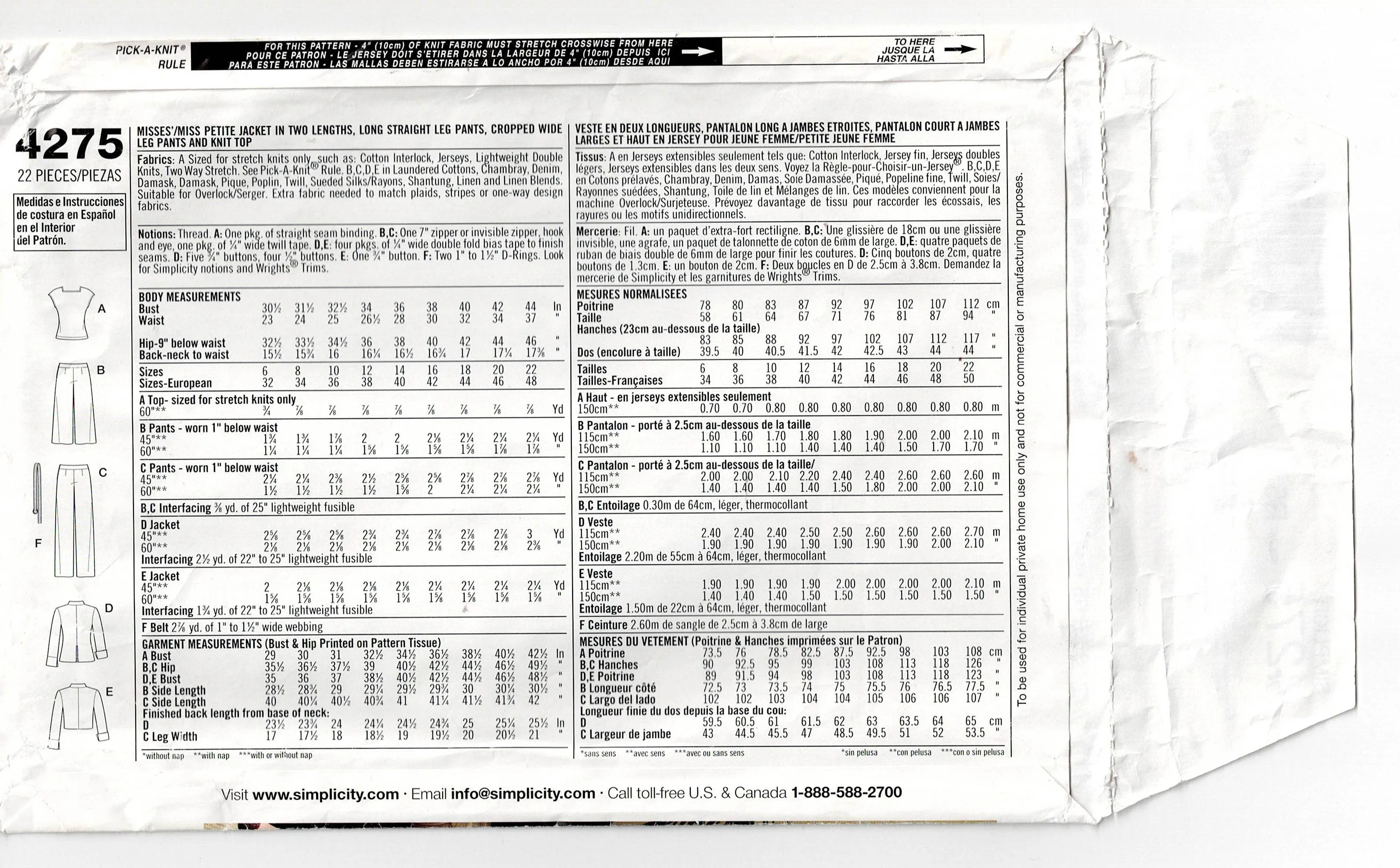 Simplicity 4275 THREADS COLLECTION Womens Capsule Wardrobe Jacket Pants Culottes & Knit Top Out Of Print Sewing Pattern Size 14 - 22 UNCUT Factory Folded