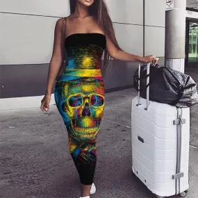 Skull Dress Women Punk Party Psychedelic 3d Print Hat Sundress Womens Clothing