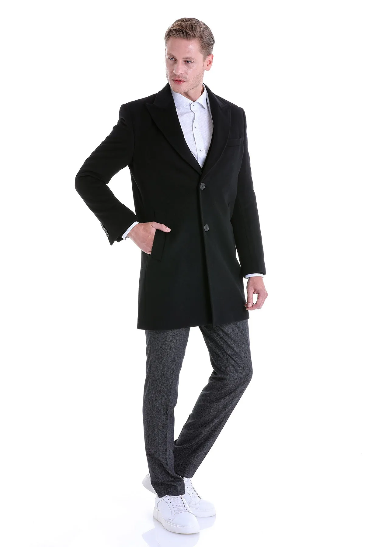 Slim Fit Cachet Peaked Lapel Black Wool Blend Overcoat