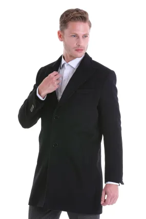 Slim Fit Cachet Peaked Lapel Black Wool Blend Overcoat