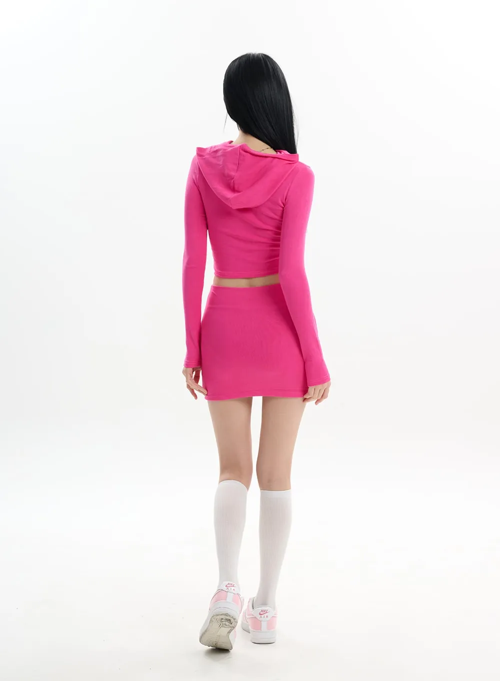 Solid Long Sleeve Hoodie & Mini Skirt Set IF413