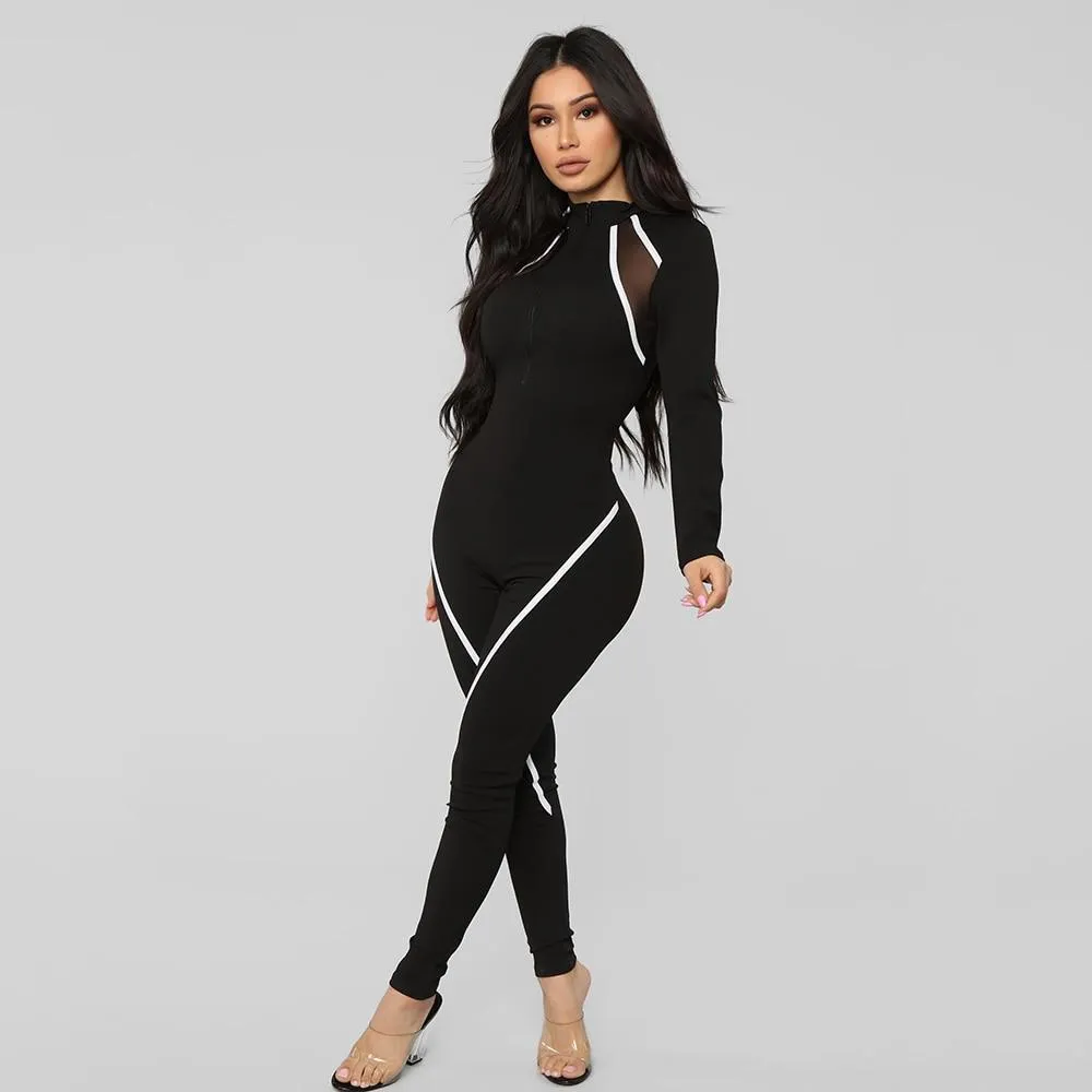 Sporty Zipper Turtleneck Jumpsuits Women Full Sleeve Striped Rompers