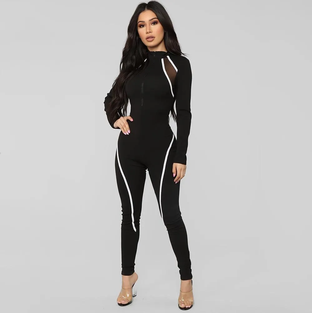 Sporty Zipper Turtleneck Jumpsuits Women Full Sleeve Striped Rompers