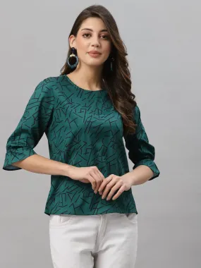 Style Quotient Women Bottle Green and Black Abstract Printed Polyester Smart Casual Top