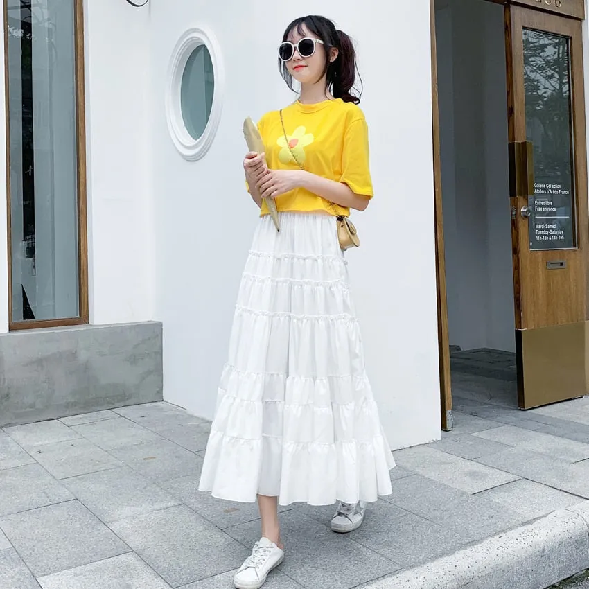 Summer High Waist A Line Skirts Womens Korean Style Office Ladies Cake Ruffles Long Casual Midi Calf Skater Female