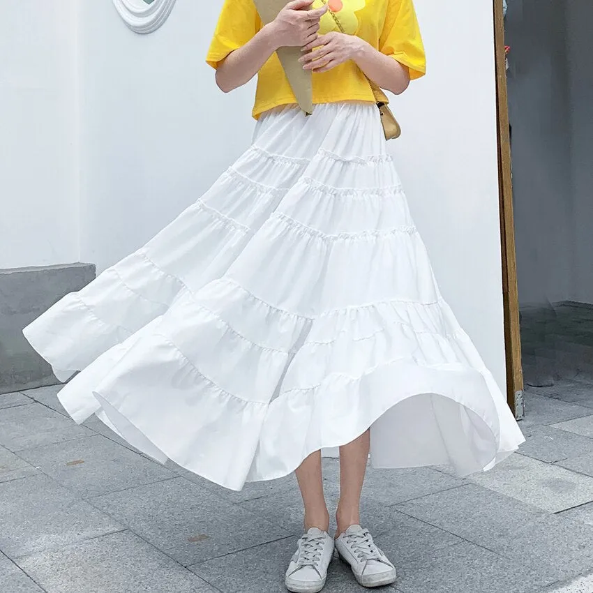 Summer High Waist A Line Skirts Womens Korean Style Office Ladies Cake Ruffles Long Casual Midi Calf Skater Female