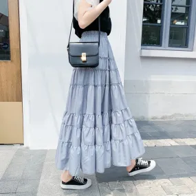 Summer High Waist A Line Skirts Womens Korean Style Office Ladies Cake Ruffles Long Casual Midi Calf Skater Female