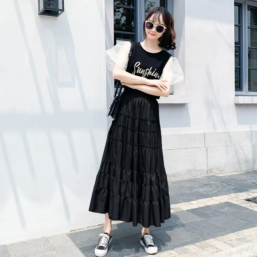 Summer High Waist A Line Skirts Womens Korean Style Office Ladies Cake Ruffles Long Casual Midi Calf Skater Female