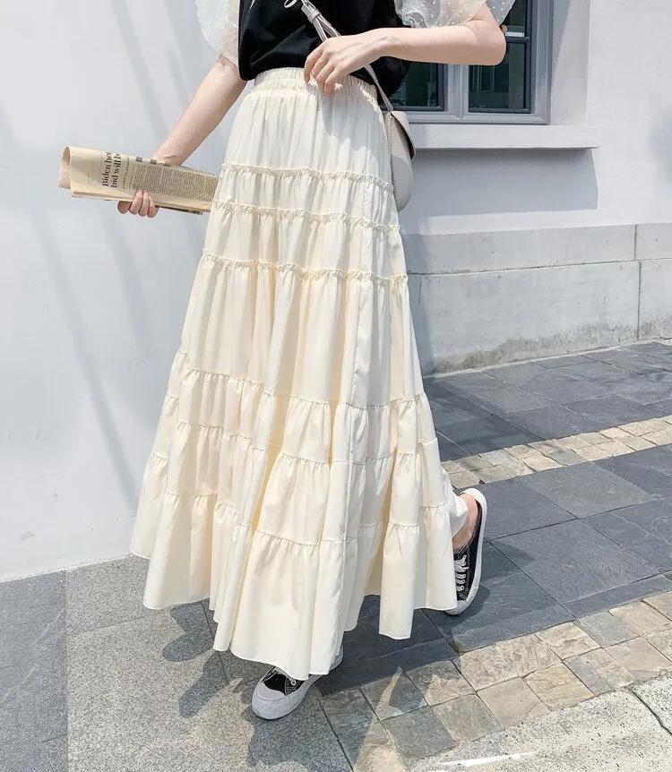 Summer High Waist A Line Skirts Womens Korean Style Office Ladies Cake Ruffles Long Casual Midi Calf Skater Female