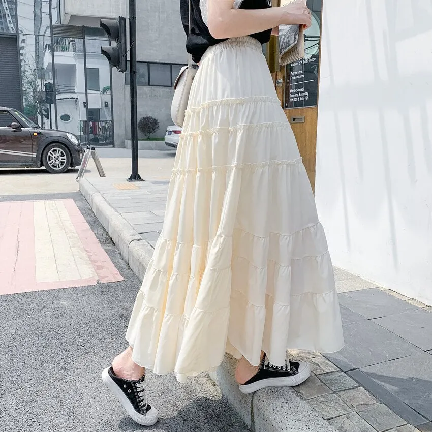 Summer High Waist A Line Skirts Womens Korean Style Office Ladies Cake Ruffles Long Casual Midi Calf Skater Female