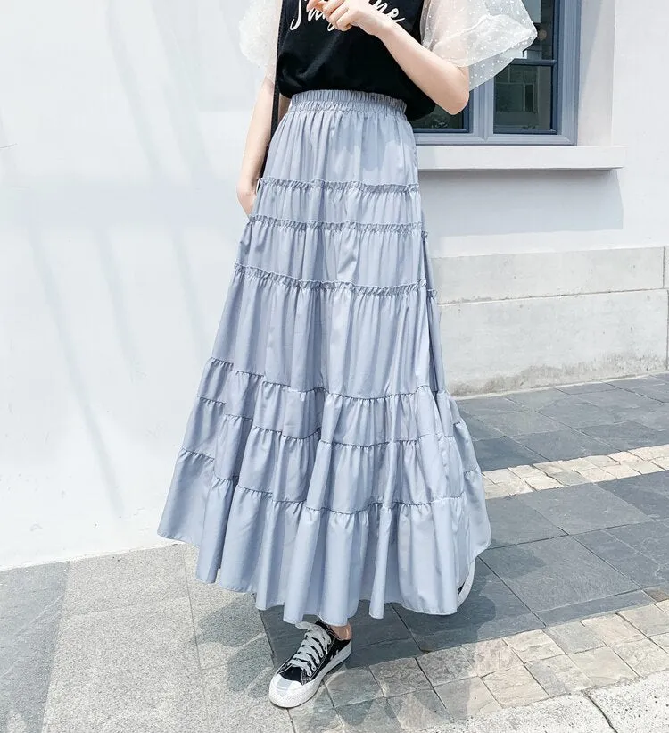 Summer High Waist A Line Skirts Womens Korean Style Office Ladies Cake Ruffles Long Casual Midi Calf Skater Female