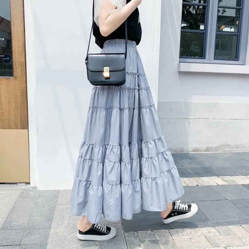 Summer High Waist A Line Skirts Womens Korean Style Office Ladies Cake Ruffles Long Casual Midi Calf Skater Female