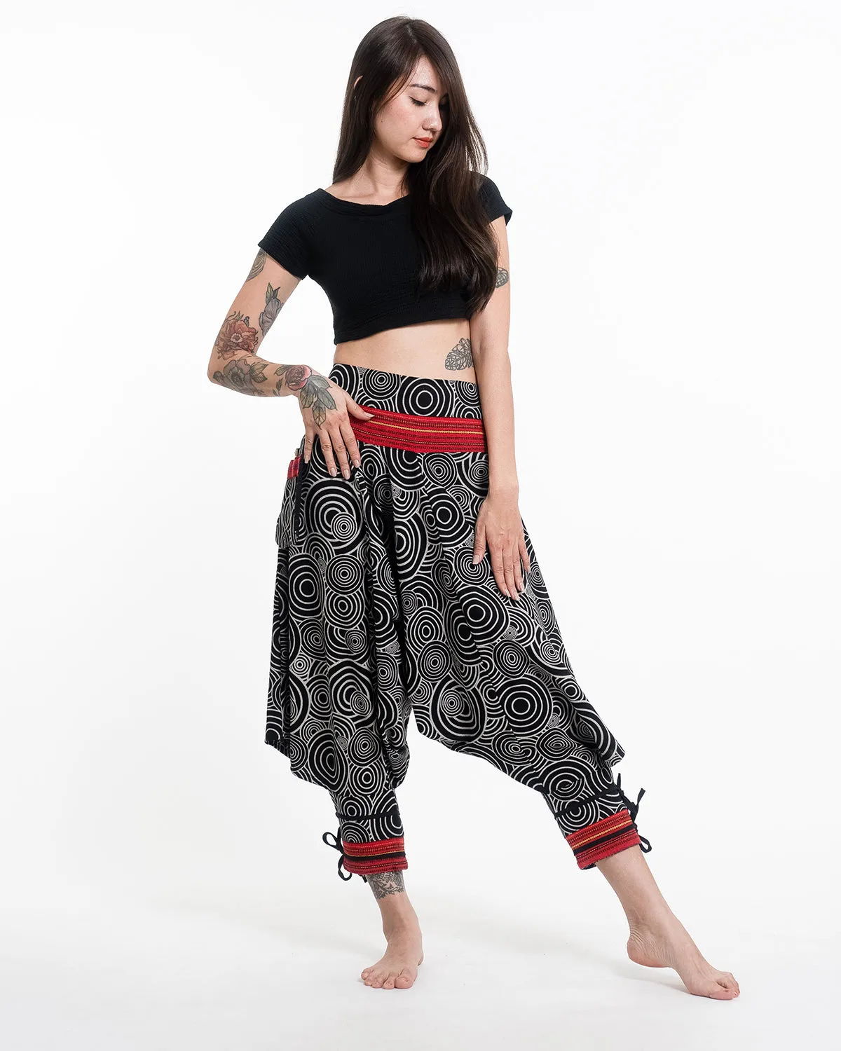 Swirls Prints Thai Hill Tribe Fabric Drop Crotch Harem Pants with Ankle Straps in Black