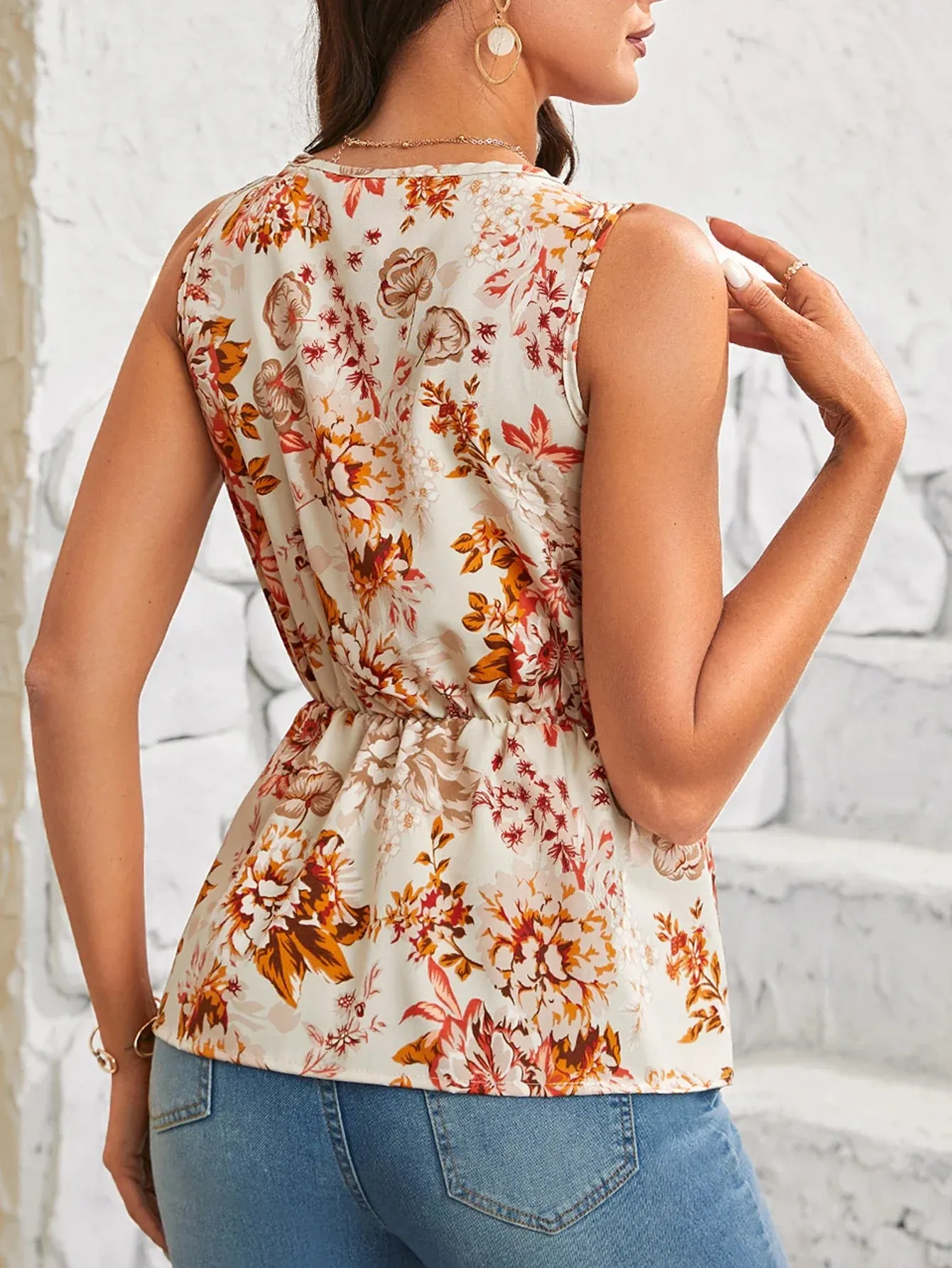 Tank Summer V-neck Floral Elegant Retro Sleeveless New Fashion Cross Top