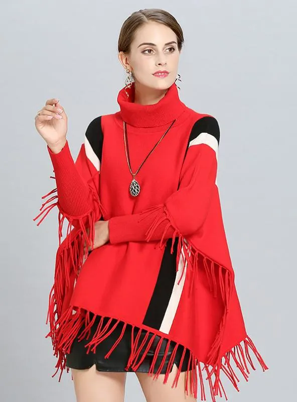 TastyHottie - VERTICAL STRIPES LOOSE FRINGED TURTLENECK SWEATER COAK