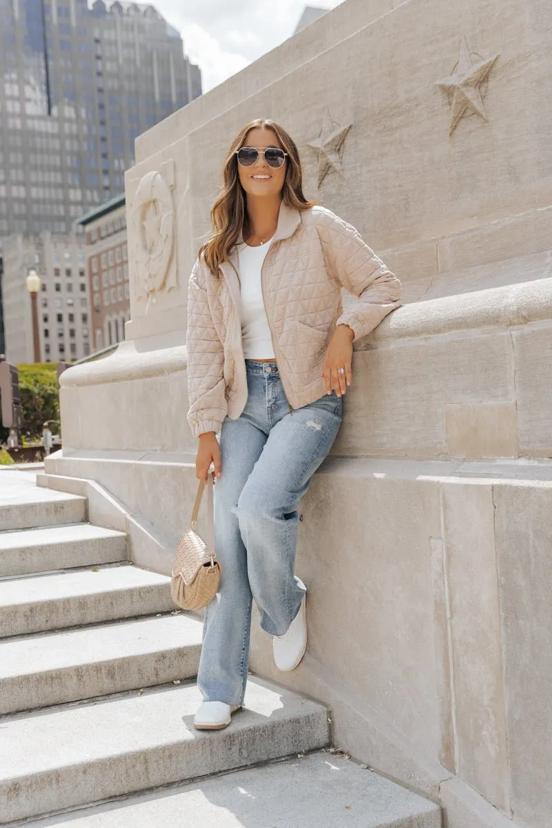 Taupe Quilted Bomber Jacket